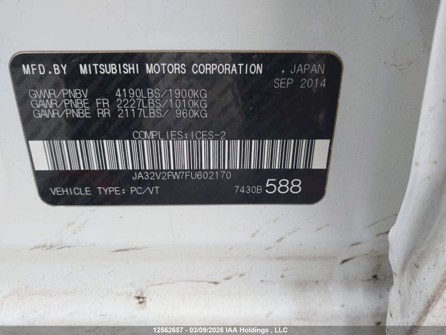 Aukcja sprzedaży 2015 Mitsubishi Lancer Se, vin: JA32V2FW7FU602170, numer aukcji: 12562657