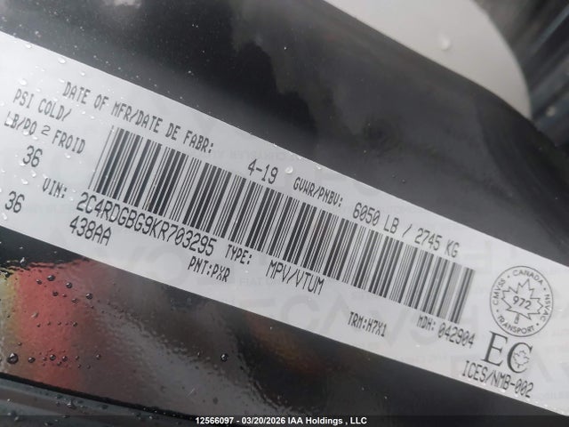 12566097 :رقم المزاد ، 2C4RDGBG9KR703295 vin ، 2019 Dodge Grand Caravan Se مزاد بيع