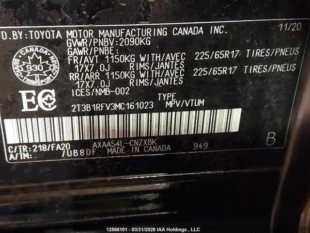 12566101 :رقم المزاد ، 2T3B1RFV3MC161023 vin ، 2021 Toyota Rav4 Le مزاد بيع