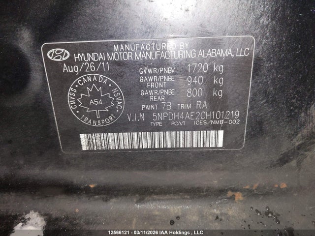 Aukcja sprzedaży 2012 Hyundai Elantra Gls/limited, vin: 5NPDH4AE2CH101219, numer aukcji: 12566121