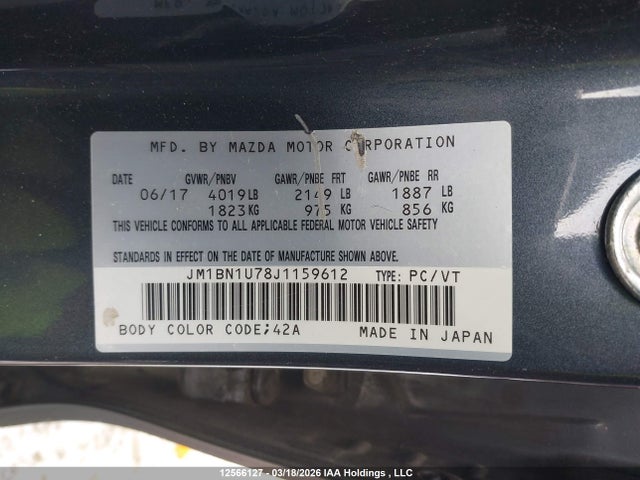 12566127 :رقم المزاد ، JM1BN1U78J1159612 vin ، 2018 Mazda Mazda3 Gx مزاد بيع