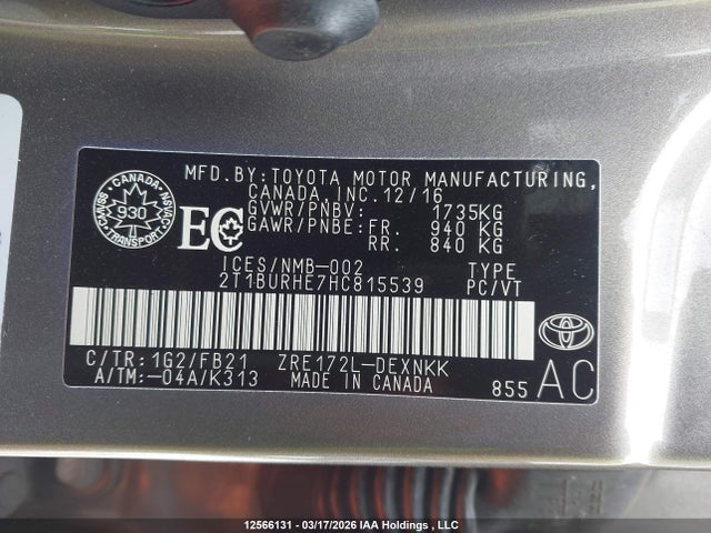 2017 Toyota Corolla Le მანქანა იყიდება აუქციონზე, vin: 2T1BURHE7HC815539, აუქციონის ნომერი: 12566131