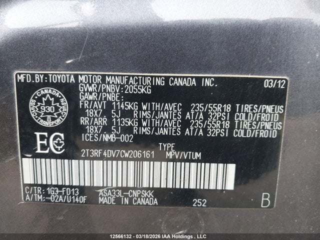 12566132 :رقم المزاد ، 2T3RF4DV7CW206161 vin ، 2012 Toyota Rav4 Sport مزاد بيع