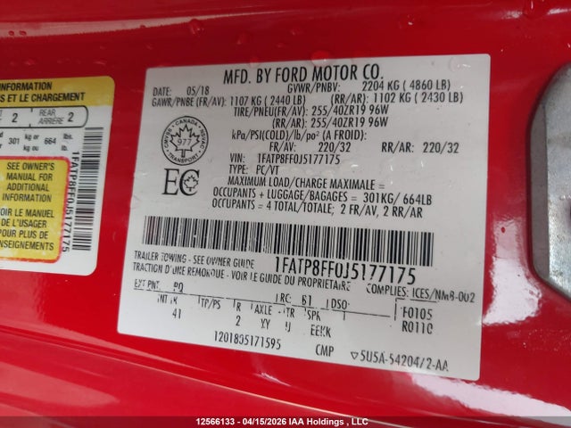 Продаж на аукціоні авто 2018 Ford Mustang, vin: 1FATP8FF0J5177175, номер лоту: 12566133