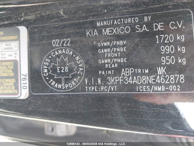 Auction sale of the 2022 Kia Forte Ex/ex Premium/ex+/gt-line, vin: 3KPF34AD8NE462878, lot number: 12566143