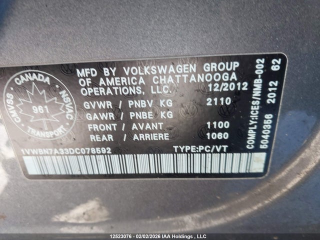Auction sale of the 2013 Volkswagen Passat 2.0 Tdi Comfortline, vin: 1VWBN7A33DC078592, lot number: 12523076