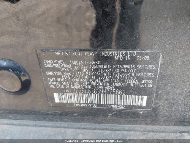 Aukcja sprzedaży 2009 Subaru Forester 2.5x, vin: JF2SH63639H725662, numer aukcji: 12566151