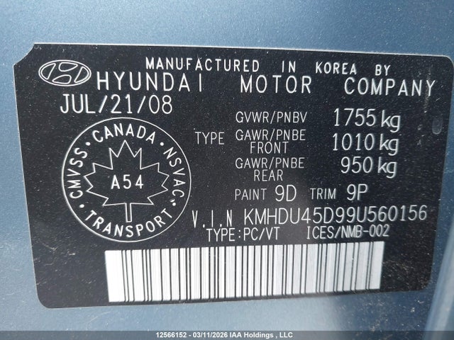 Продажа на аукционе авто 2009 Hyundai Elantra Gl/l, vin: KMHDU45D99U560156, номер лота: 12566152