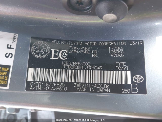 2020 Toyota Corolla Hybrid მანქანა იყიდება აუქციონზე, vin: JTDBBRBE8LJ005249, აუქციონის ნომერი: 12566158