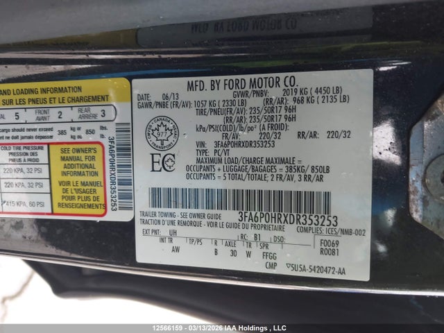12566159 :رقم المزاد ، 3FA6P0HRXDR353253 vin ، 2013 Ford Fusion Se مزاد بيع