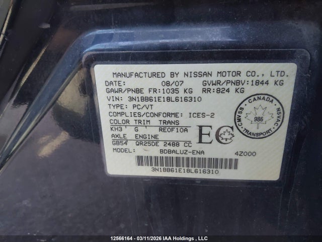 Auction sale of the 2008 Nissan Sentra Se-r, vin: 3N1BB61E18L616310, lot number: 12566164