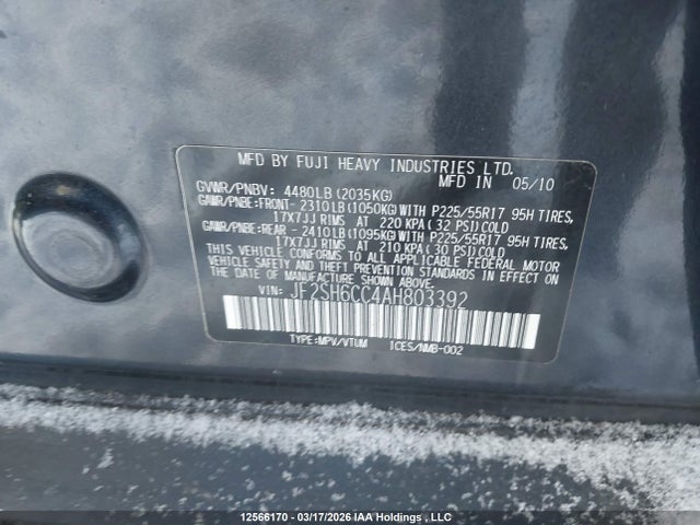 12566170 :رقم المزاد ، JF2SH6CC4AH803392 vin ، 2010 Subaru Forester مزاد بيع