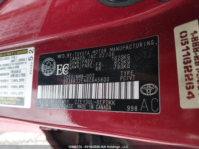 Aukcja sprzedaży 2006 Toyota Corolla Ce/le/s, vin: 2T1BR32E46C645600, numer aukcji: 12566174