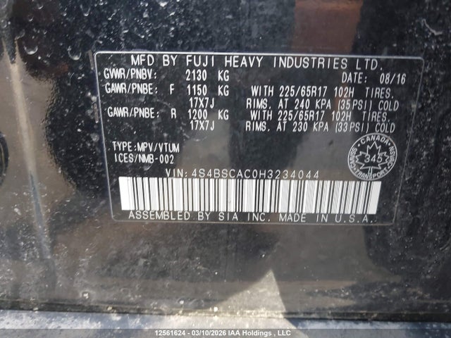 Subaru Outback 2.5i 2017 4S4BSCAC0H3234044 Image 9