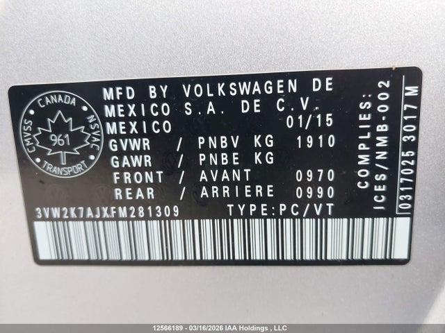 3VW2K7AJXFM281309 Volkswagen JETTA S