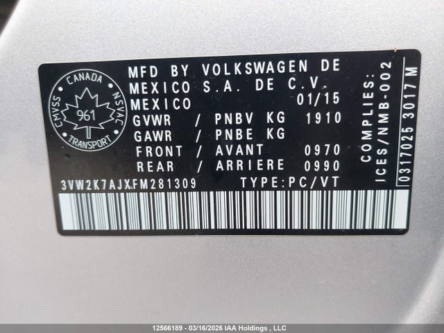 3VW2K7AJXFM281309 Volkswagen JETTA S