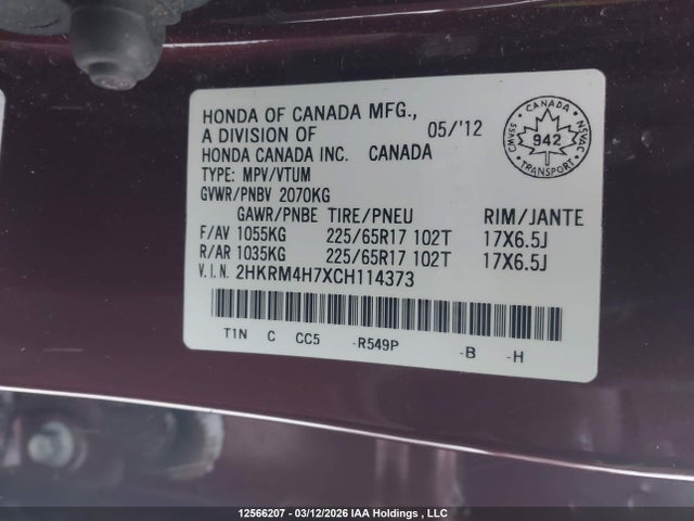 12566207 :رقم المزاد ، 2HKRM4H7XCH114373 vin ، 2012 Honda Cr-v Ex-l مزاد بيع