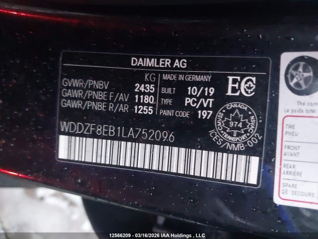12566209 :رقم المزاد ، WDDZF8EB1LA752096 vin ، 2020 Mercedes-benz E 350 4matic مزاد بيع