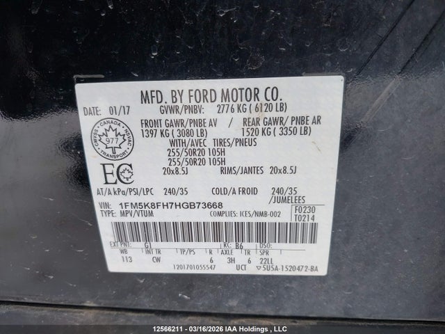 1FM5K8FH7HGB73668 Ford Explorer Limited