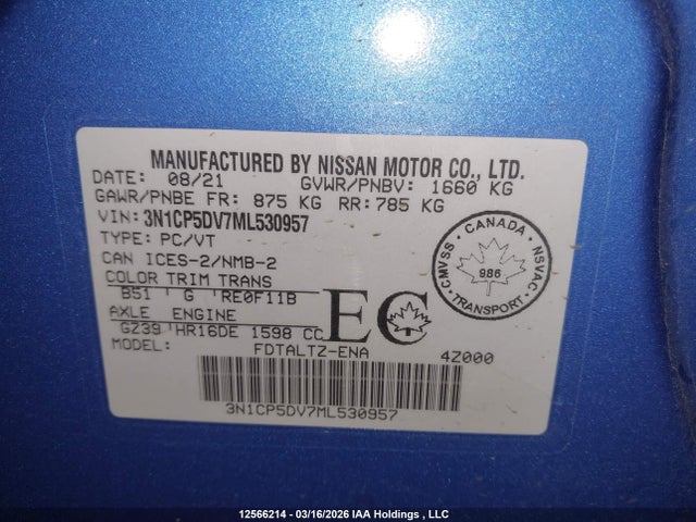 2021 Nissan Kicks Sr მანქანა იყიდება აუქციონზე, vin: 3N1CP5DV7ML530957, აუქციონის ნომერი: 12566214