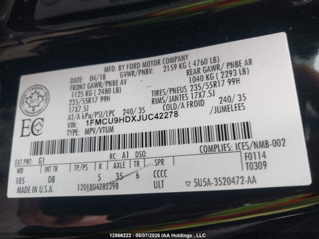 1FMCU9HDXJUC42278 Ford ESCAPE SEL