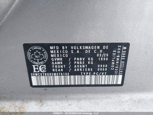 12566231 :رقم المزاد ، 3VWCX7BU8SM076144 vin ، 2025 Volkswagen Jetta Trendline مزاد بيع
