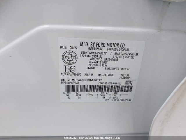 Продажа на аукционе авто 2022 Ford Edge Sel, vin: 2FMPK4J90NBA86120, номер лота: 12566232