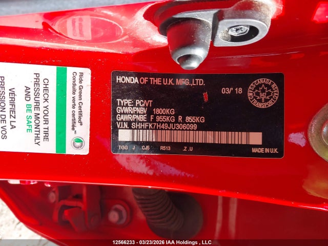 SHHFK7H49JU306099 Honda Civic Sport