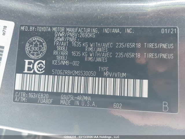 5TDGZRBH2MS530050 Toyota Highlander Xle