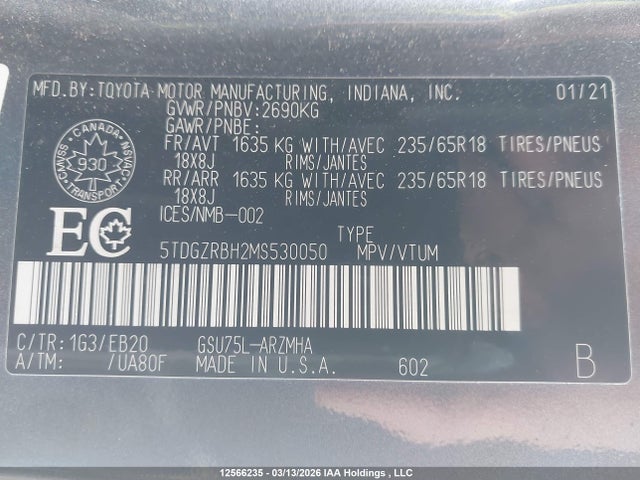 5TDGZRBH2MS530050 Toyota Highlander Xle