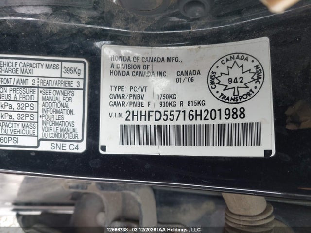 2006 Acura Csx Premium მანქანა იყიდება აუქციონზე, vin: 2HHFD55716H201988, აუქციონის ნომერი: 12566238