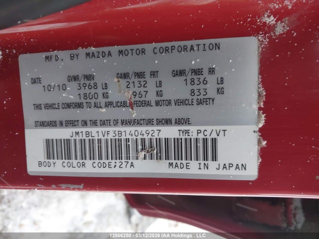 Aukcja sprzedaży 2011 Mazda Mazda3 Gs, vin: JM1BL1VF3B1404927, numer aukcji: 12566250