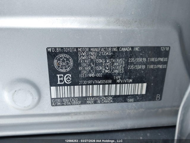 2019 Toyota Rav4 Limited მანქანა იყიდება აუქციონზე, vin: 2T3D1RFV7KW005698, აუქციონის ნომერი: 12566253