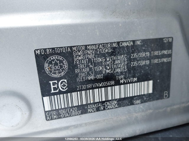 2019 Toyota Rav4 Limited მანქანა იყიდება აუქციონზე, vin: 2T3D1RFV7KW005698, აუქციონის ნომერი: 12566253