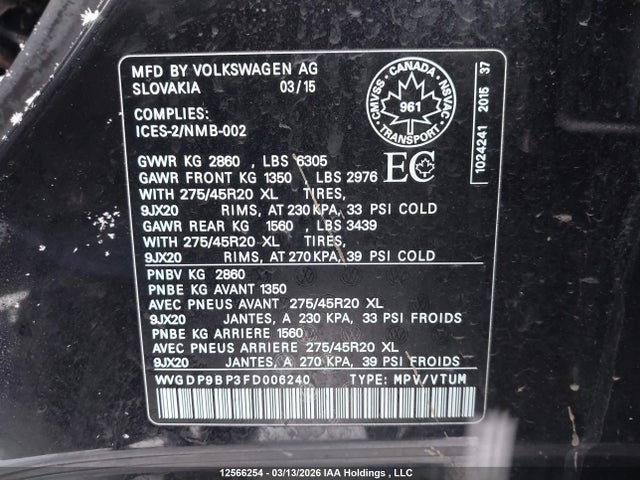 12566254 :رقم المزاد ، WVGDP9BP3FD006240 vin ، 2015 Volkswagen Touareg 3.0 Tdi Execline/3.0 Tdi Highline مزاد بيع