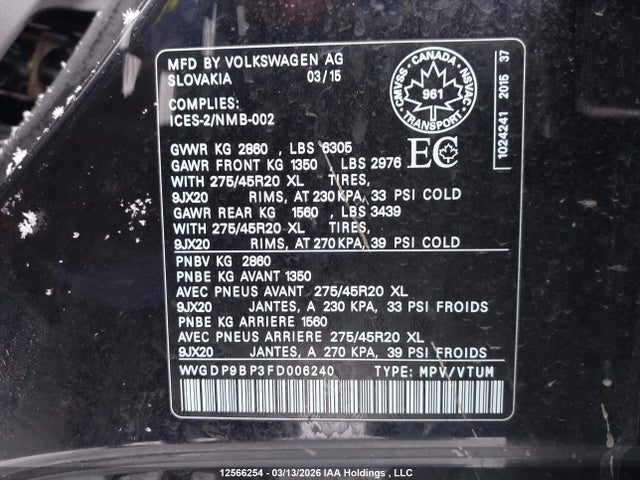 12566254 :رقم المزاد ، WVGDP9BP3FD006240 vin ، 2015 Volkswagen Touareg 3.0 Tdi Execline/3.0 Tdi Highline مزاد بيع