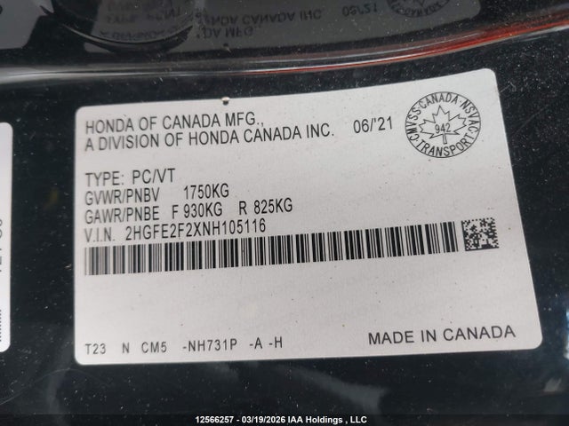 2HGFE2F2XNH105116 Honda Civic