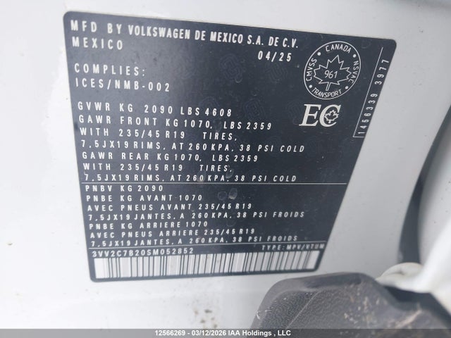 2025 Volkswagen Taos Comfortline Black Edition მანქანა იყიდება აუქციონზე, vin: 3VV2C7B20SM052852, აუქციონის ნომერი: 12566269