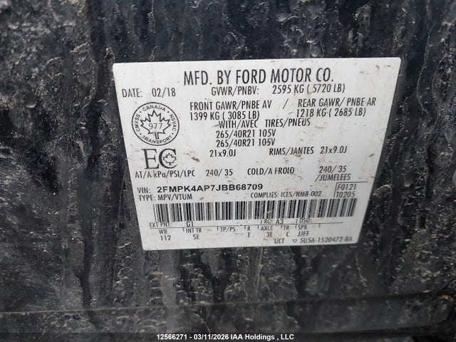 2018 Ford Edge Sport მანქანა იყიდება აუქციონზე, vin: 2FMPK4AP7JBB68709, აუქციონის ნომერი: 12566271