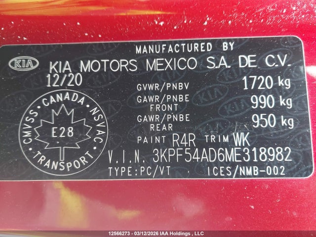 3KPF54AD6ME318982 KIA FORTE EX