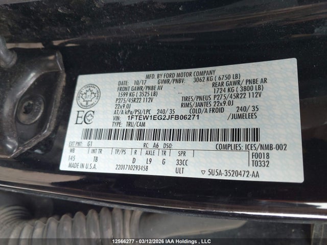 Aukcja sprzedaży 2018 Ford F-150 Limited, vin: 1FTEW1EG2JFB06271, numer aukcji: 12566277