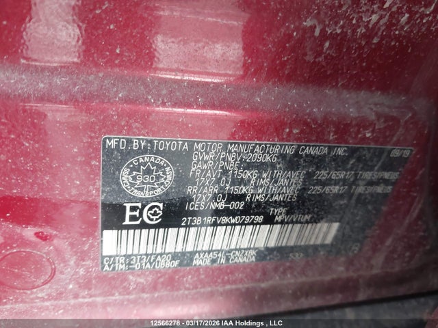 12566278 :رقم المزاد ، 2T3B1RFV8KW079798 vin ، 2019 Toyota Rav4 مزاد بيع