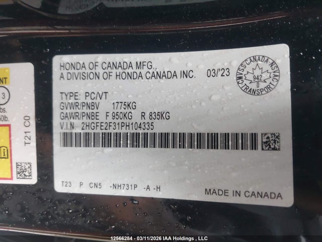 12566284 :رقم المزاد ، 2HGFE2F31PH104335 vin ، 2023 Honda Civic Ex 4dr مزاد بيع