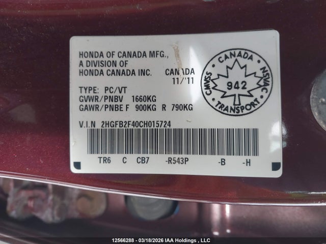 Aukcja sprzedaży 2012 Honda Civic Lx, vin: 2HGFB2F40CH015724, numer aukcji: 12566288