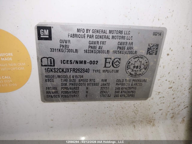 Aukcja sprzedaży 2015 Gmc Yukon Denali Denali, vin: 1GKS2CKJXFR262840, numer aukcji: 12566294