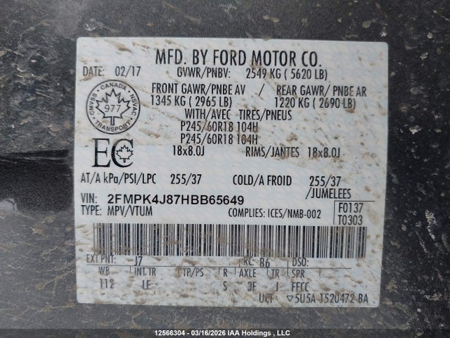 12566304 :رقم المزاد ، 2FMPK4J87HBB65649 vin ، 2017 Ford Edge Sel مزاد بيع