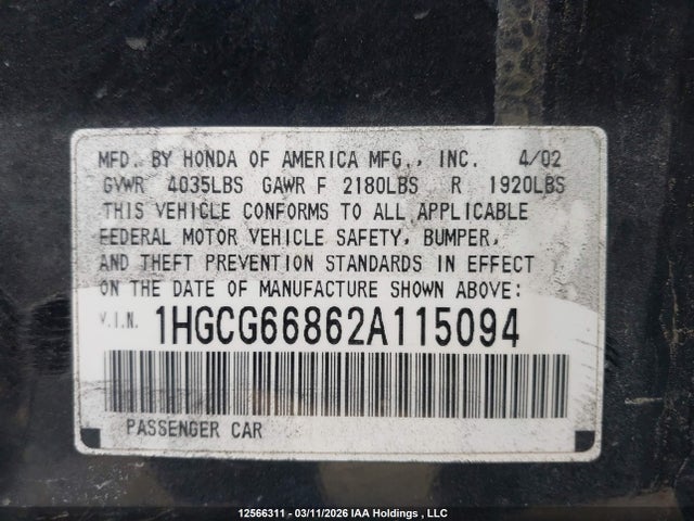 Продажа на аукционе авто 2002 Honda Accord Ex/se, vin: 1HGCG66862A115094, номер лота: 12566311