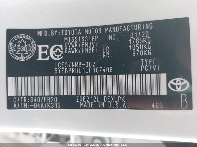 12566316 :رقم المزاد ، 5YFBPRBE1LP107408 vin ، 2020 Toyota Corolla Le مزاد بيع