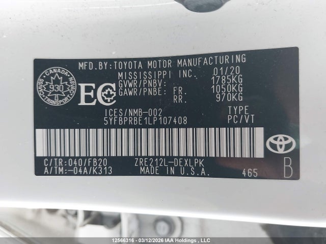 12566316 :رقم المزاد ، 5YFBPRBE1LP107408 vin ، 2020 Toyota Corolla Le مزاد بيع