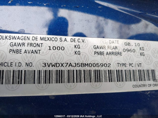 12566317 :رقم المزاد ، 3VWDX7AJ5BM005902 vin ، 2011 Volkswagen Jetta 2.5l Comfortline/2.5l Sportline مزاد بيع